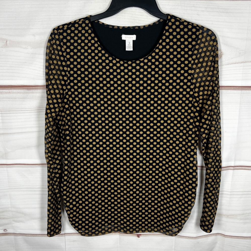 Chico's Polka Dot Top Womens 3 XL Black Gold‎ Polka Dot Mesh Long Sleeve Blouse
